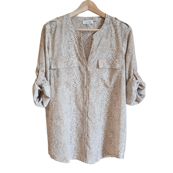 Calvin Klein Tops - Calvin Klein XL Snake Print Roll Tab Sleeve Blouse Top Women’s Button Front